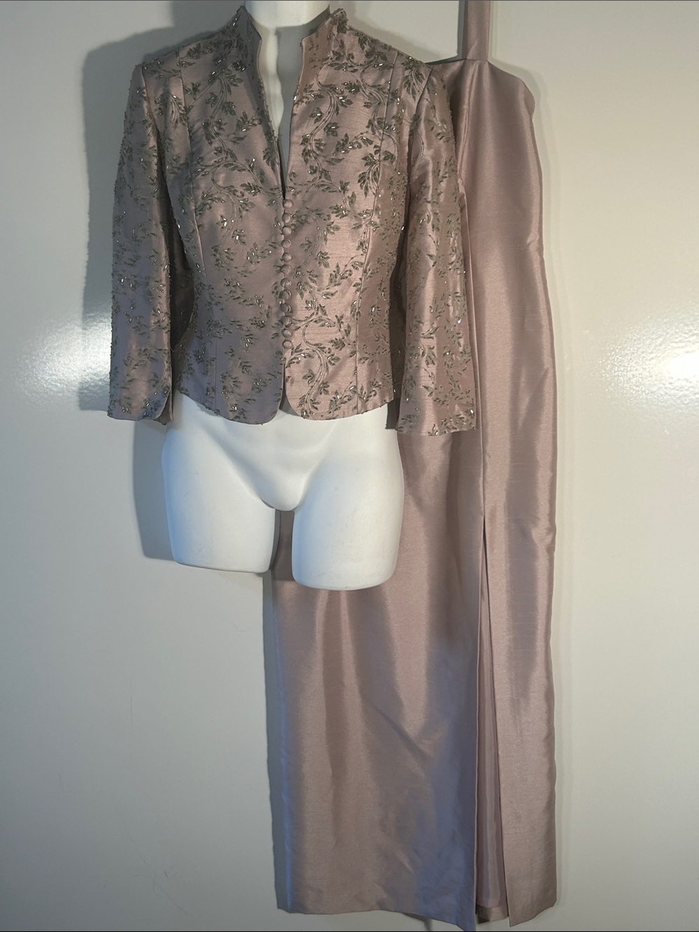 Cachet 2 pc. SZ 14 Lavender & Sage Beaded Jacket & Maxi Dress Formal MOB Wedding